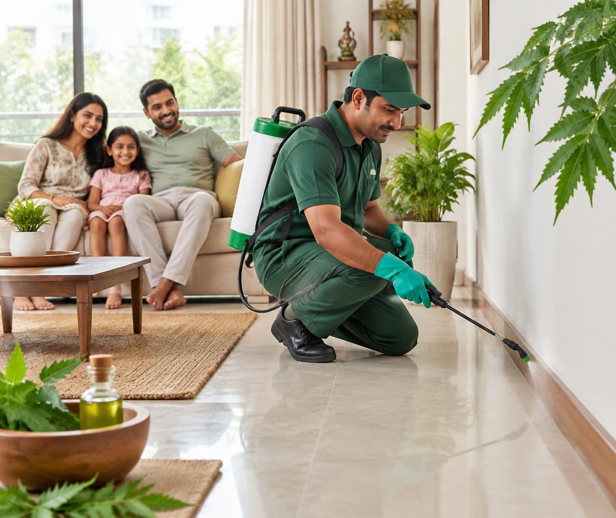 Herbal pest control technician safely treating a family home in India